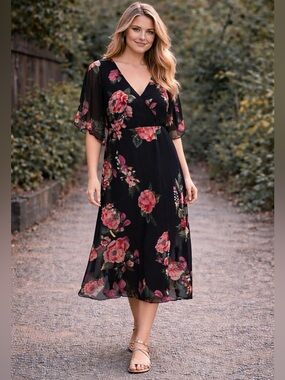 Dress Barn Black Midi Dress with Pink Floral Print